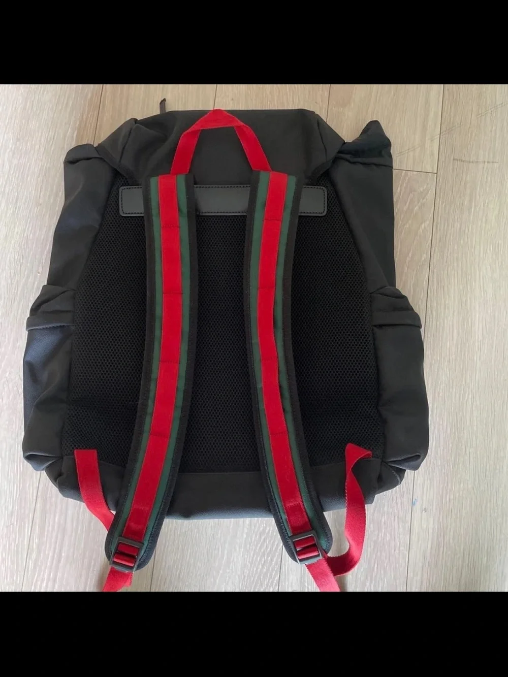 Gucci Black Backpack with Red and Green Stripe Accents